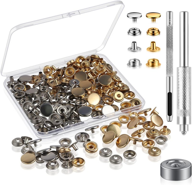 Moocci 200 Pcs (50 Sets) 5/8 inch (15mm) Leather Snap Fastener Kit Tool Snaps for Leather Stainless Snap Buttons for Bag, Jeans, Clothes, Fabric (Gold+Silver) - Image 1
